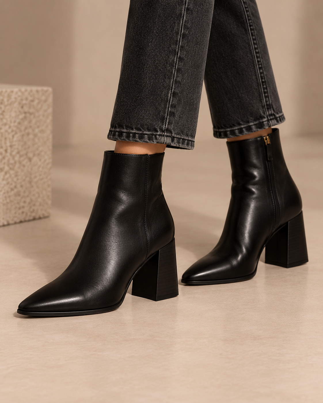 LOECY black Pointed Ankle Boots worn with cropped jeans, pointed toe ankle boots
