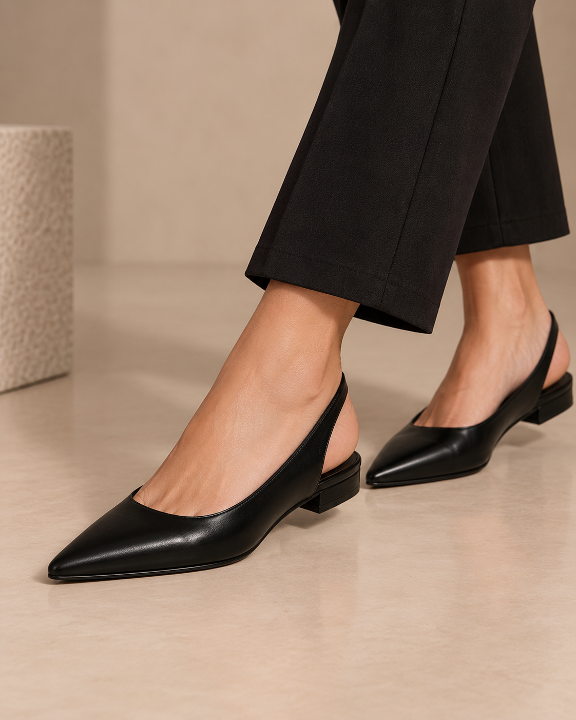 LOECY black Slingback Flats worn with cropped trousers, slingback flat shoes